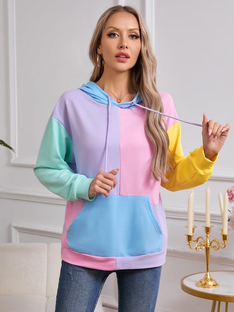 SweatyRocks Women's Cute Color Block Drawstring Hoodies Long Sleeve Pullover Hooded Sweatshirts Top Purple Pink X-Large - Image 4